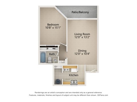 Floor plan for 1 bed, 1 bath, 685 sqft